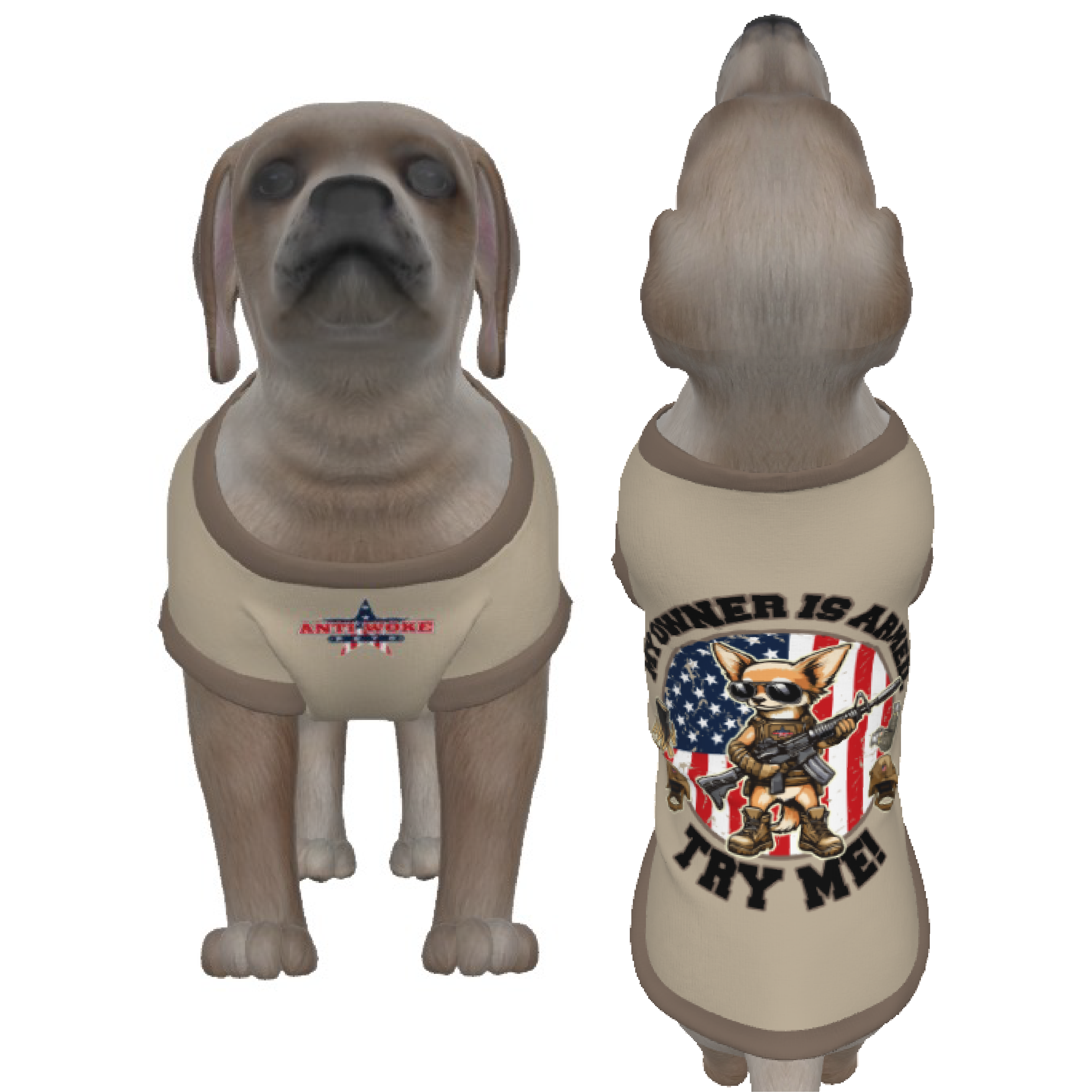 Chihuahua- Tan & Dark Tan Collar- My Owner Is Armed- Circular Flag- Anti Woke Pets Small Dog's Tank Top