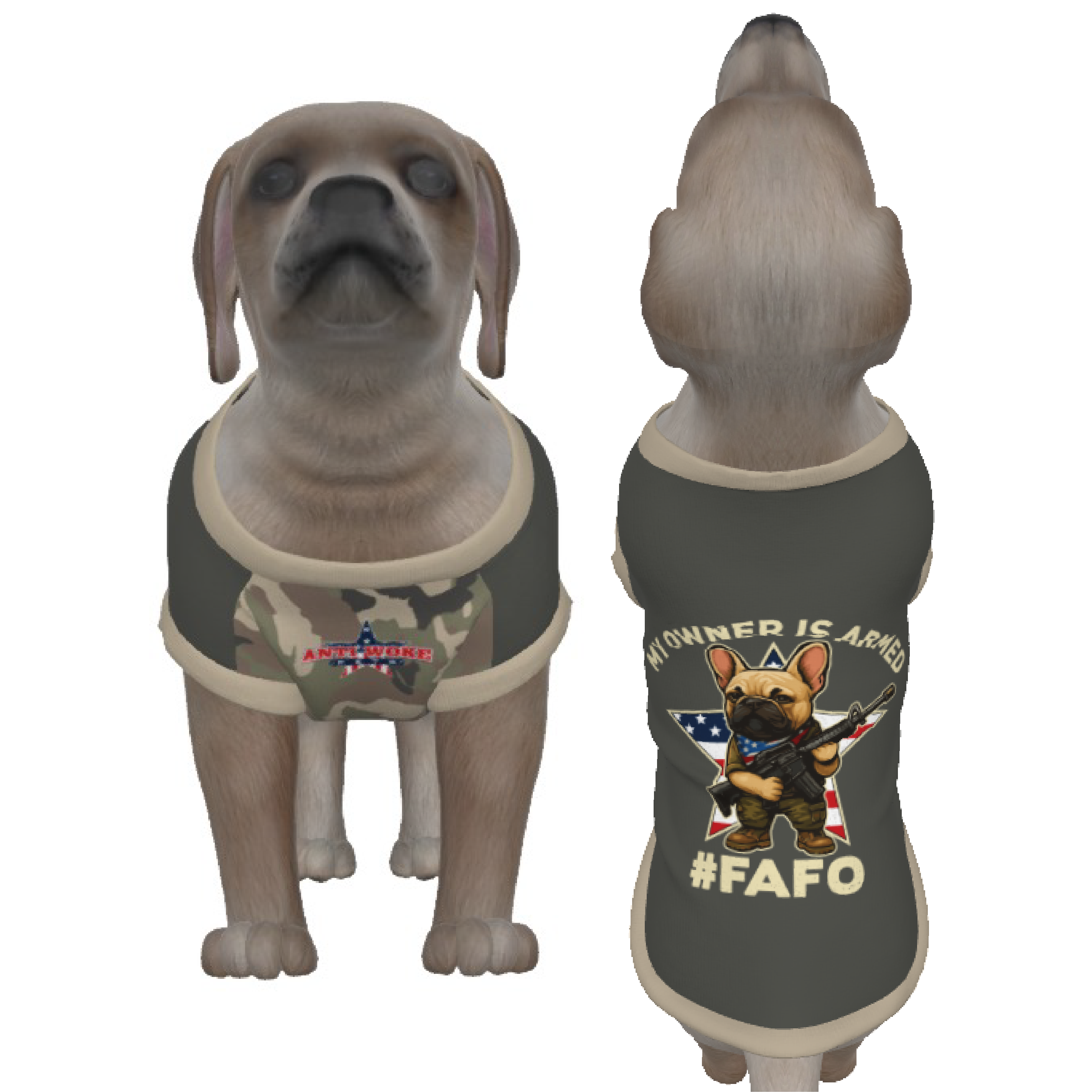 Frenchie- Gray and Camo- My Owner Is Armed- Anti Woke Pets- Puppy Tank Top