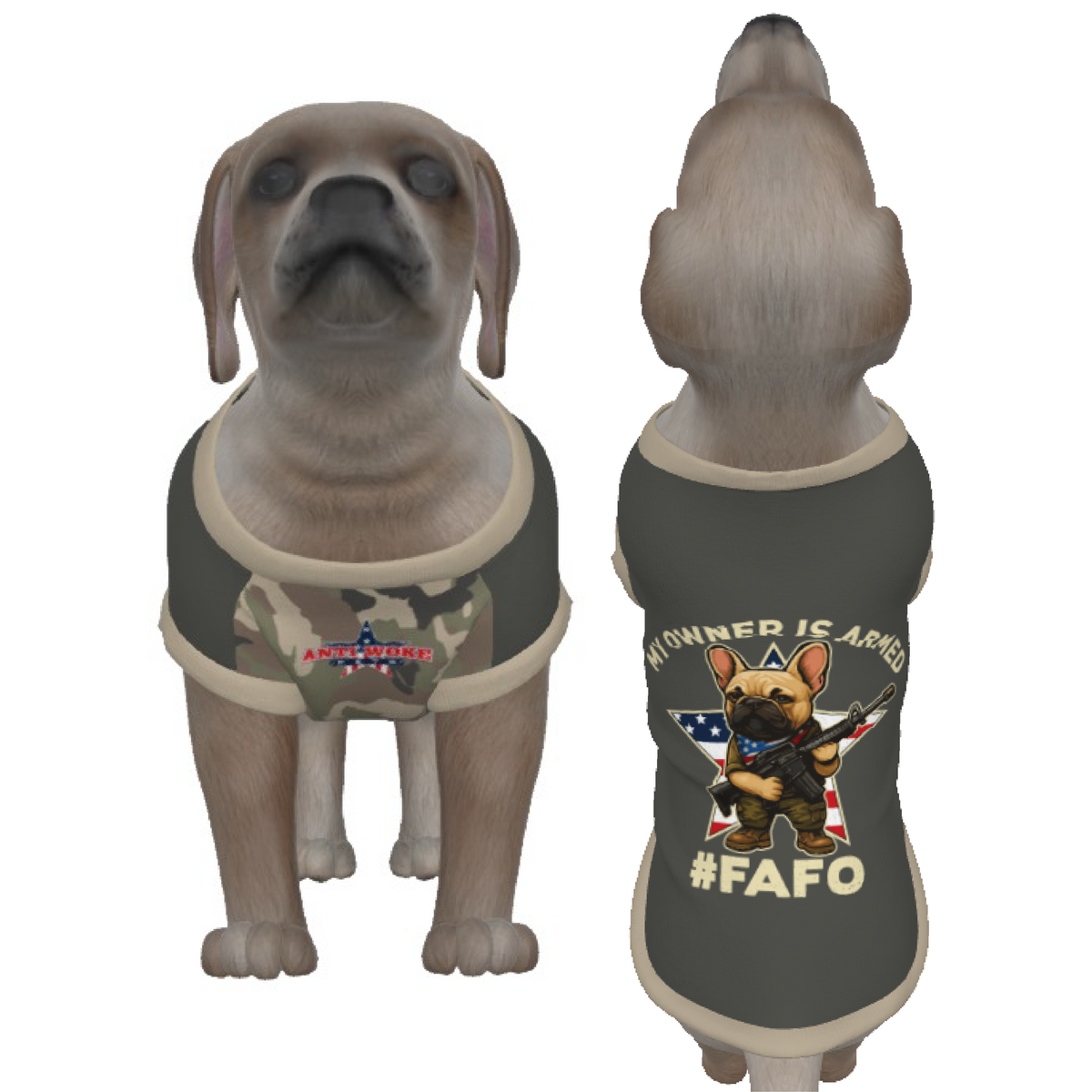 Frenchie- Gray and Camo- My Owner Is Armed- Anti Woke Pets- Puppy Tank Top