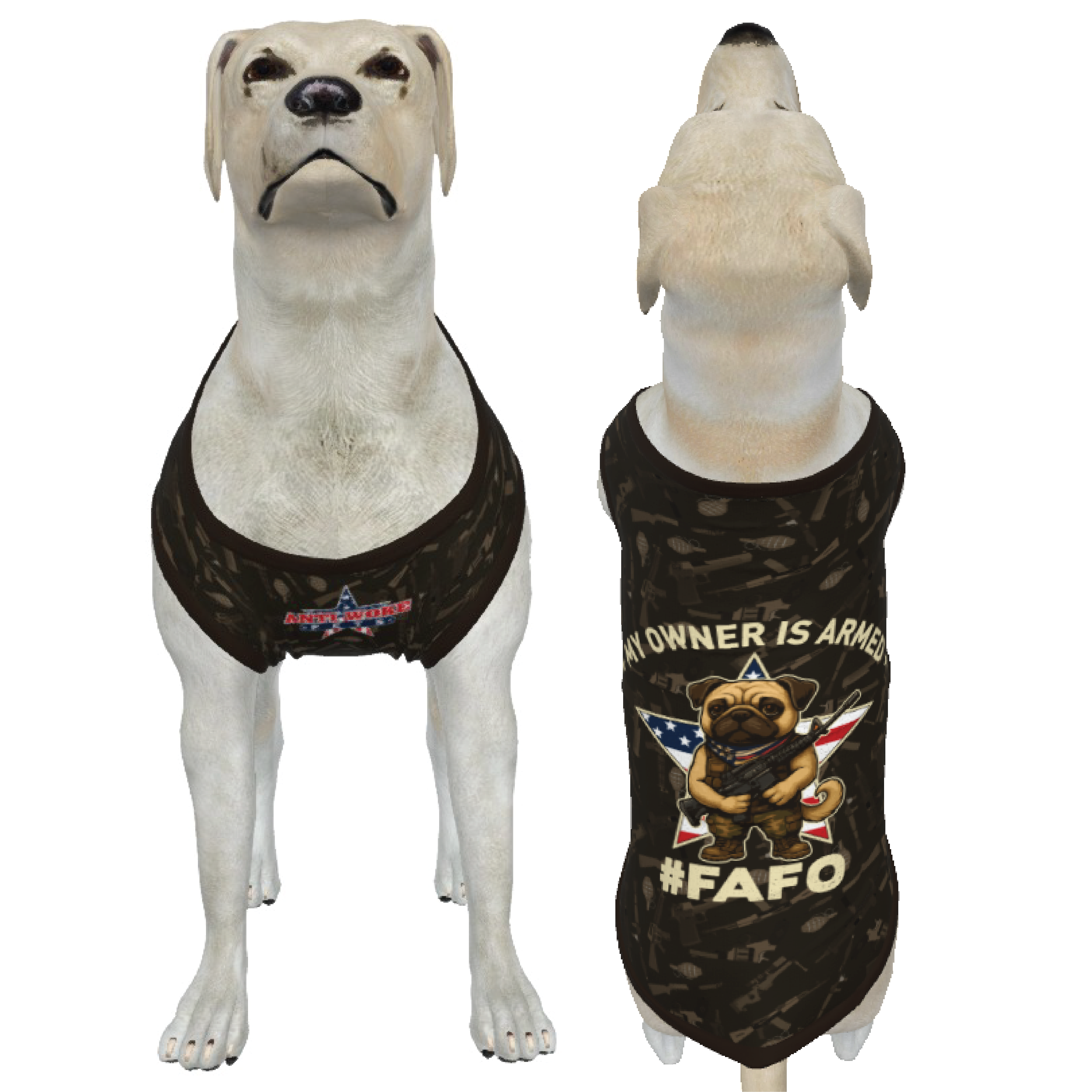 Pug- Gun Pattern Medium- My Owner Is Armed- Star Flag- Anti Woke Pets - Big Dog's Tank Top