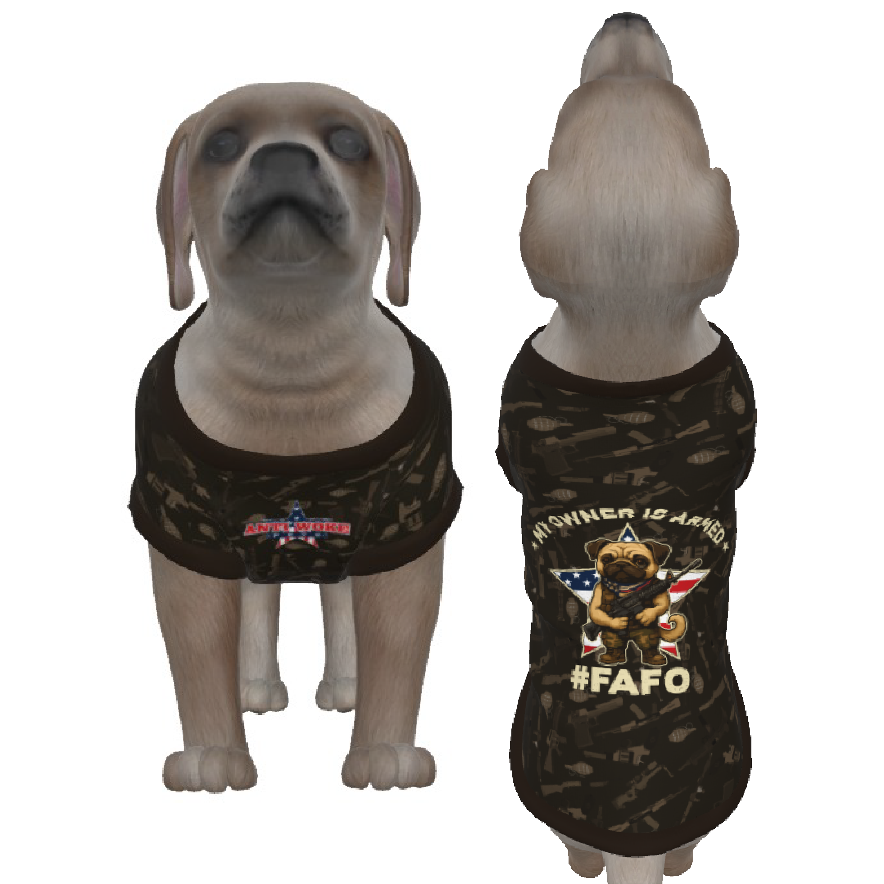 Pug- Gun Pattern- My Owner Is Armed- Anti Woke Pets -Puppy Tank Top