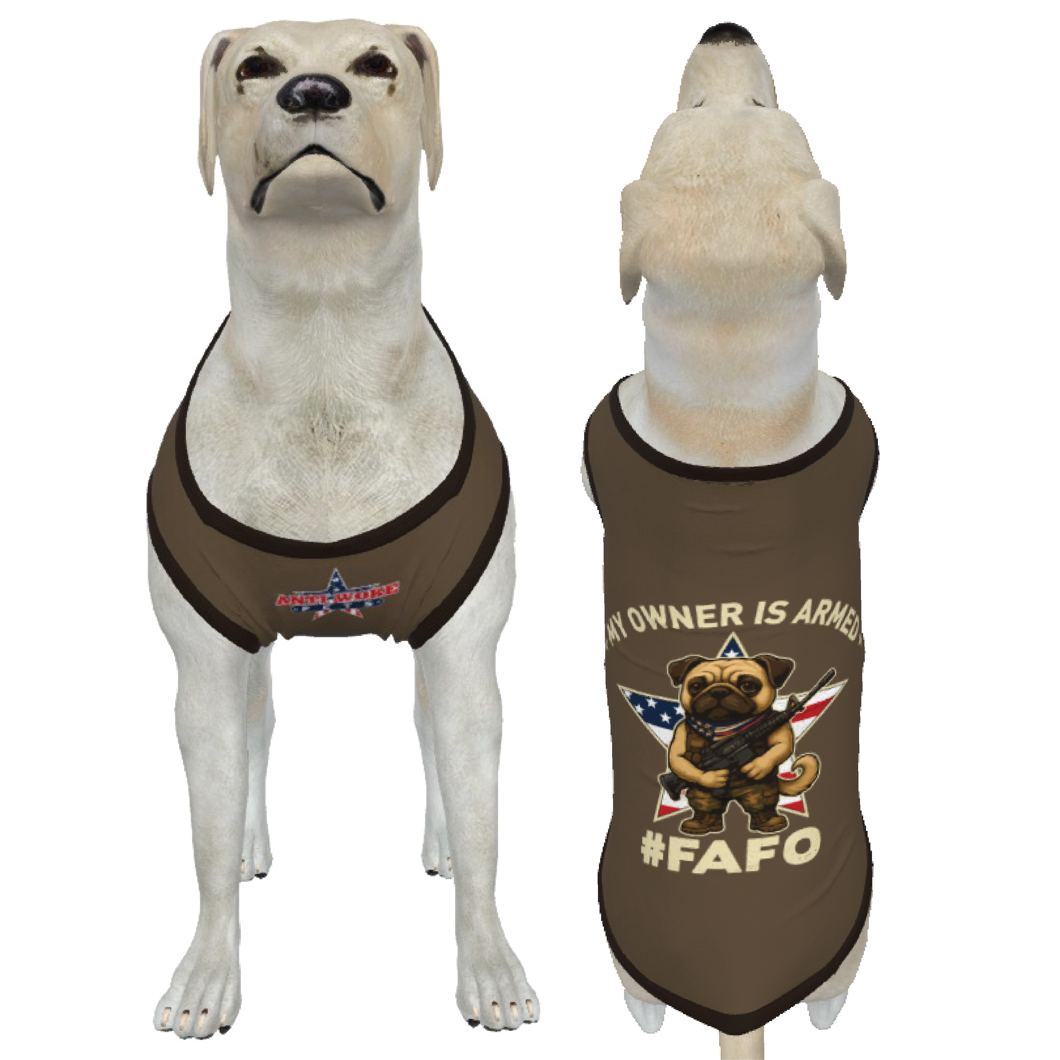 Pug- Taupe Medium - My Owner Is Armed- Star Flag- Anti Woke Pets - Big Dog's Tank Top