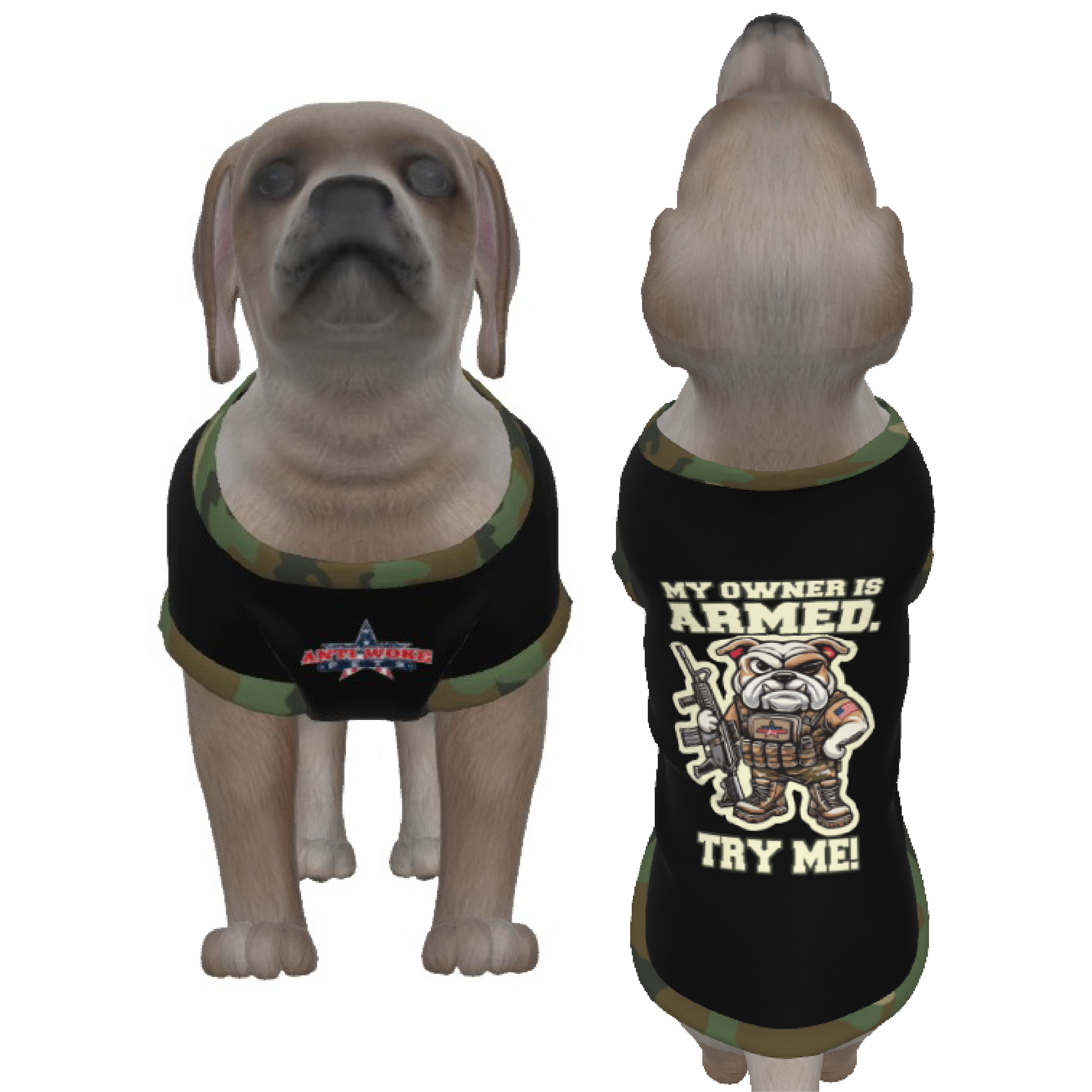 Bulldog-Camo Collar- My Owner Is Armed- Anti Woke Pets- Puppy Tank Top
