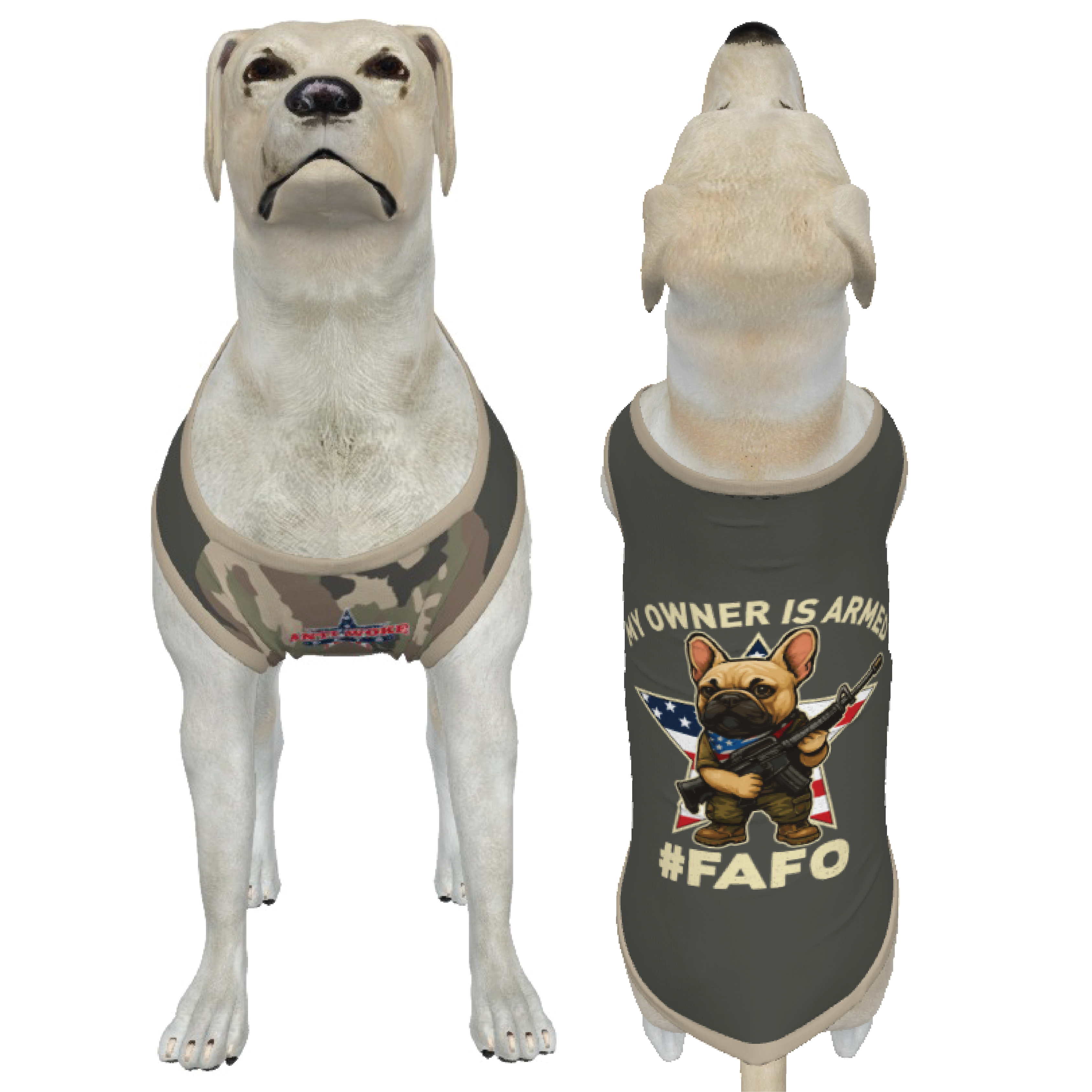 Frenchie- Tan - Gray and Camo- My Owner Is Armed- Star Flag- Medium Dog's Tank Top