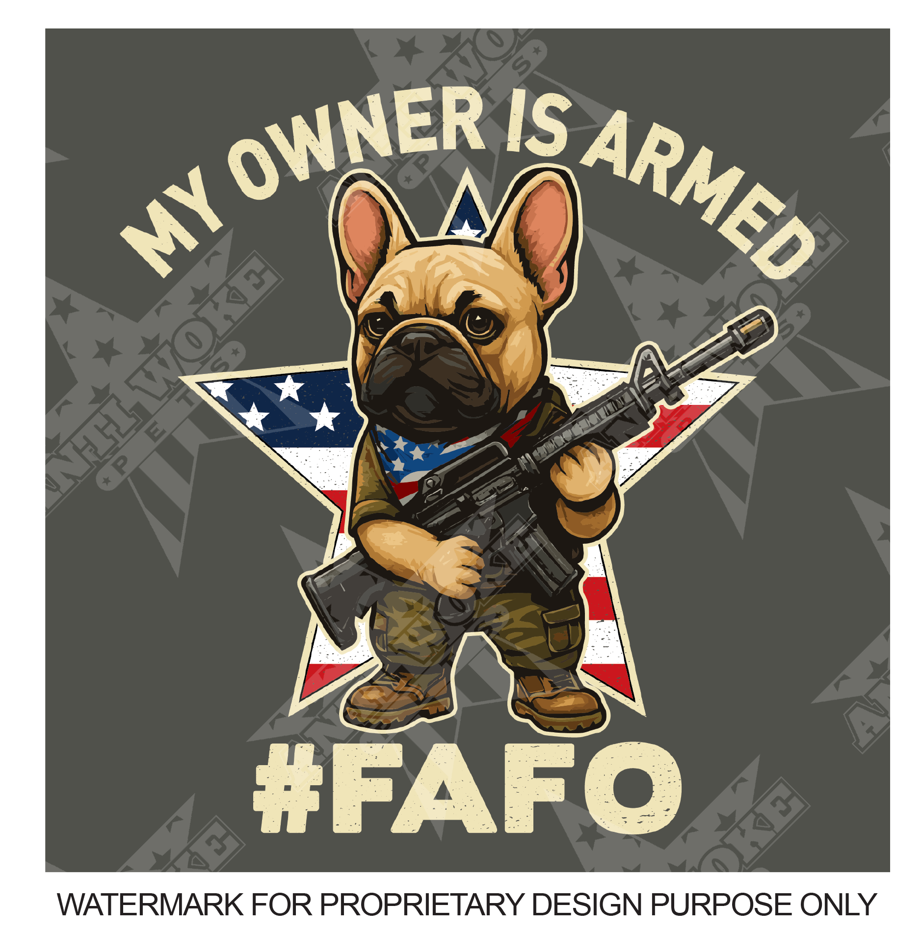Frenchie- Tan - Gray and Camo- My Owner Is Armed- Star Flag- Medium Dog's Tank Top