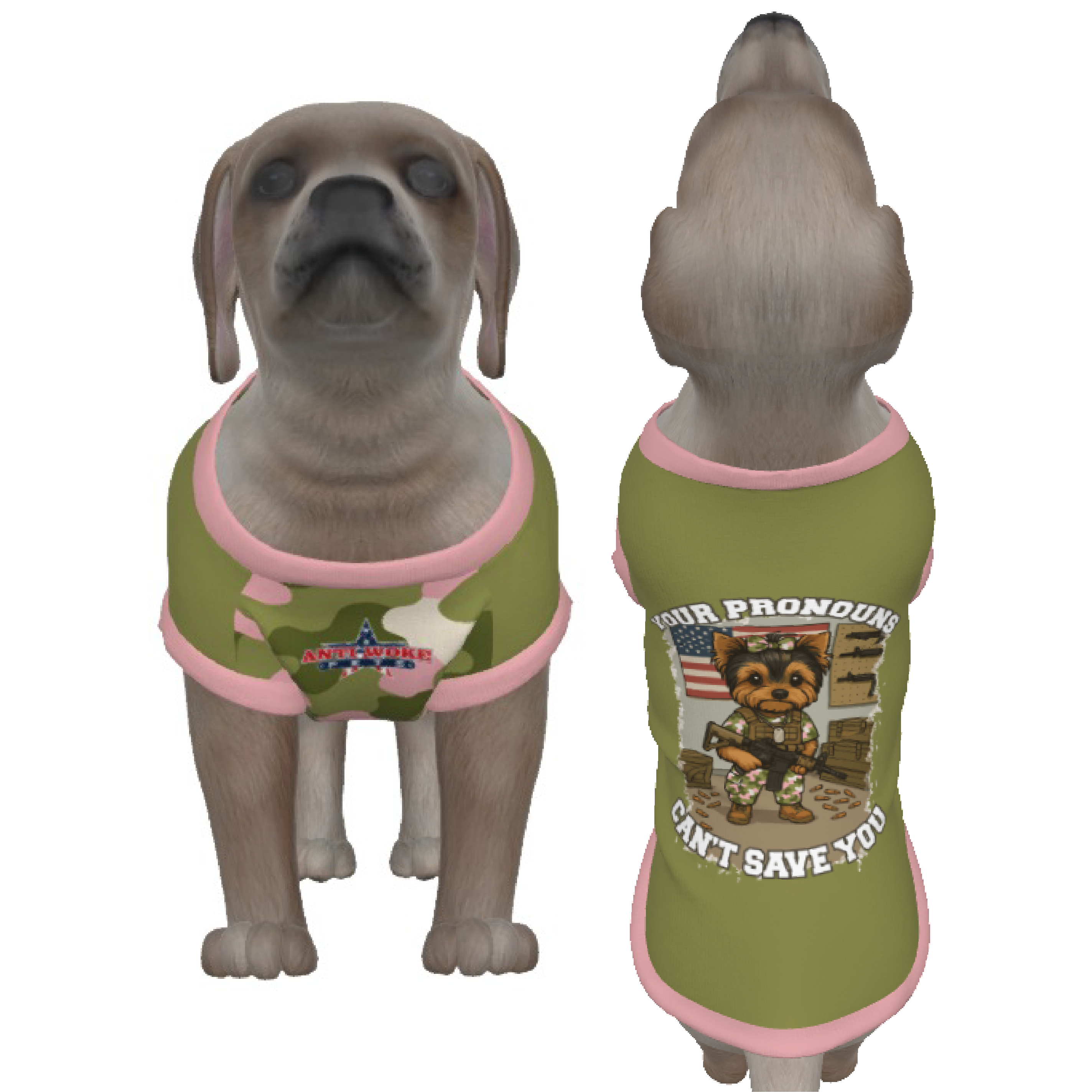 Yorkie- Olive Green & Olive Pink Camo- Your Pronouns Can't Save You-Small Dog's Tank Top