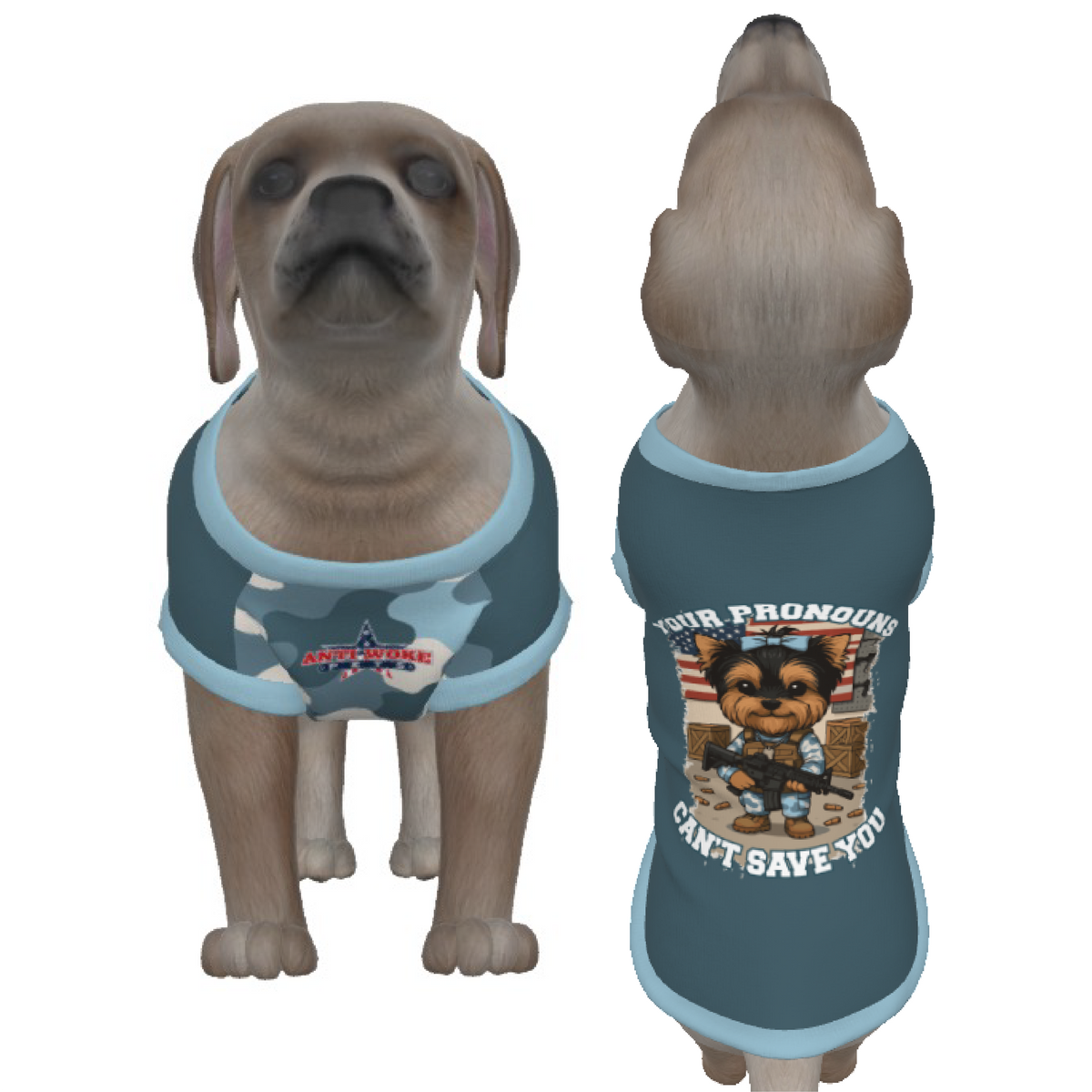 Yorkie- Gray Blue & Blue Camo- Your Pronouns Can't Save You-Small Dog's Tank Top